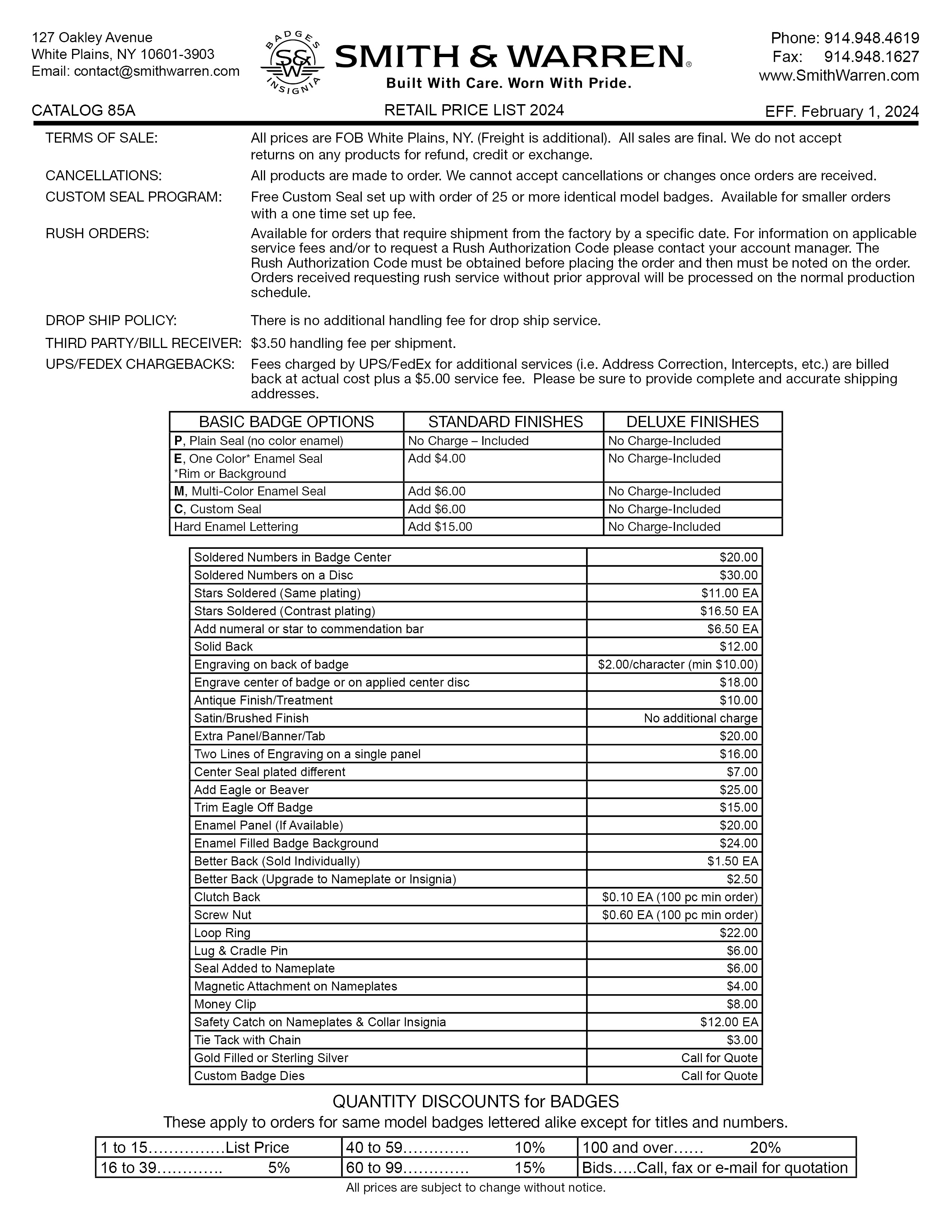 Smith & Warren 2024 Pricelist