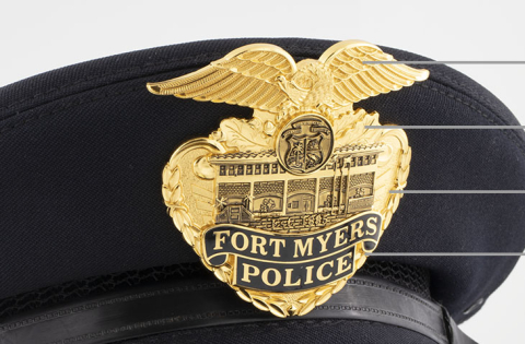 Fort Myers police badge on a hat with a description of different symbols the badge features.